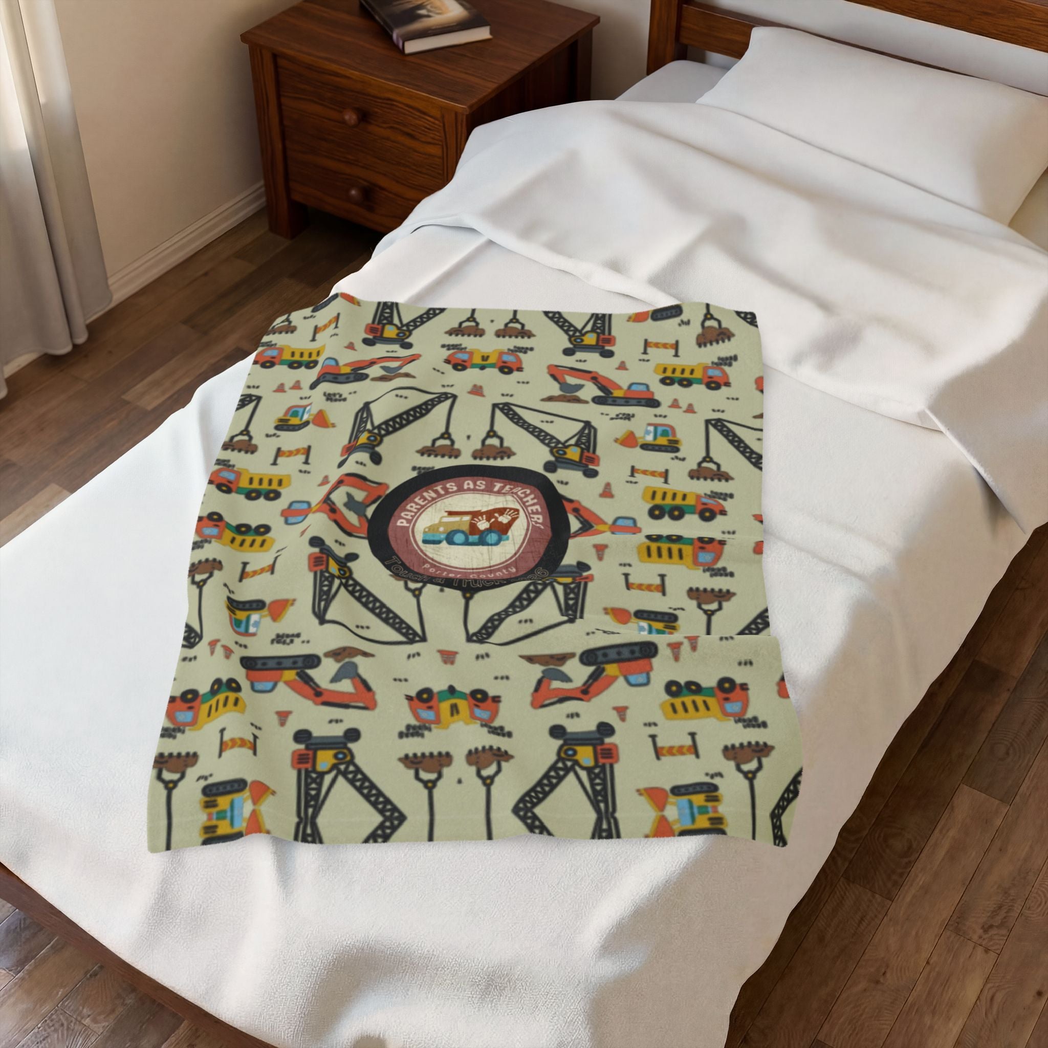 Construction Trucks Velveteen Plush Blanket — Cozy Kids Vehicle Print Throw