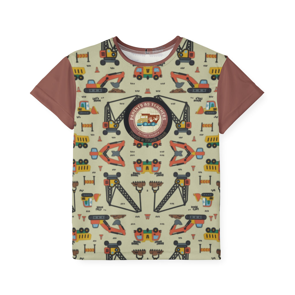 Kids Construction Trucks Jersey — Patterned All-Over-Print Tee for Little Builders