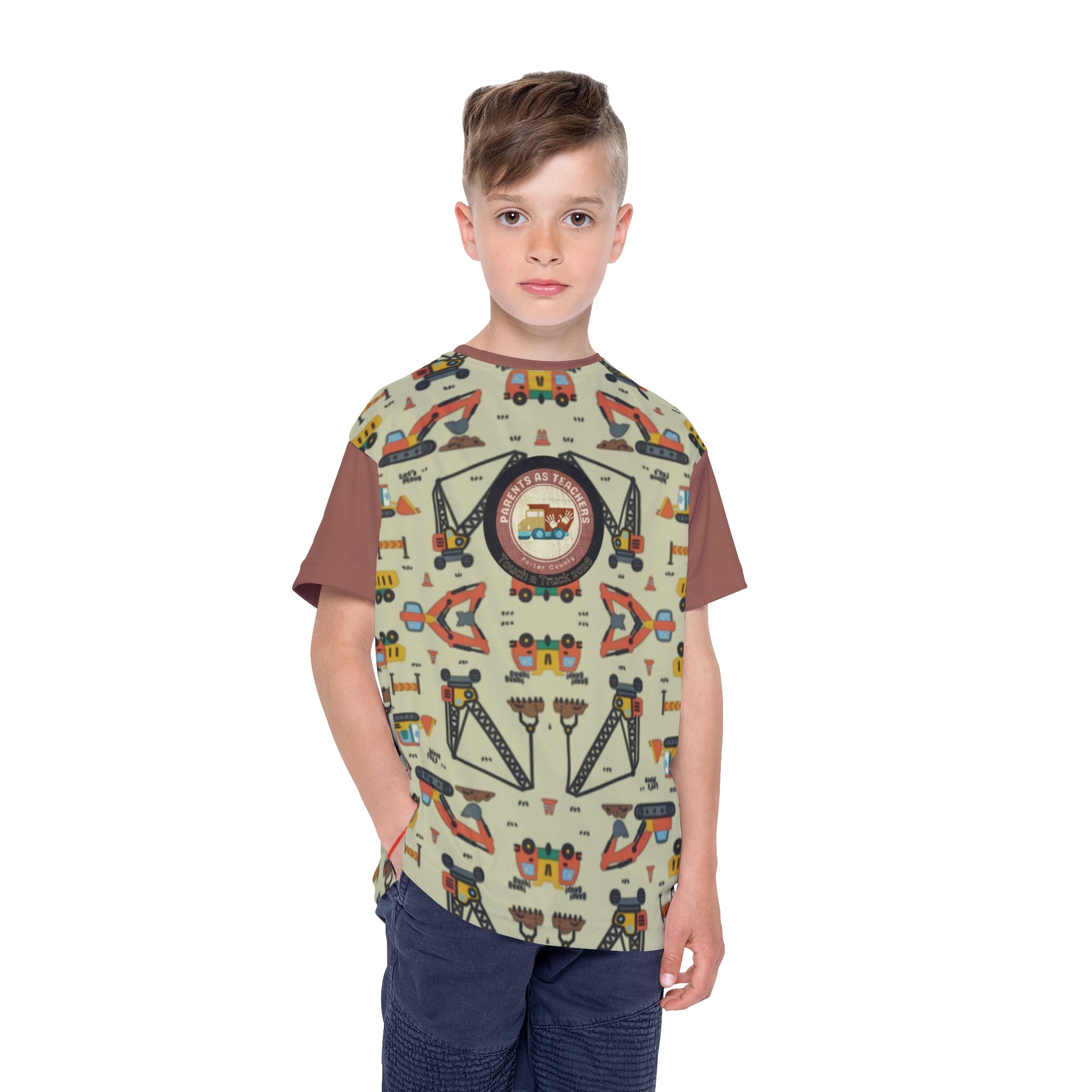 Kids Construction Trucks Jersey — Patterned All-Over-Print Tee for Little Builders