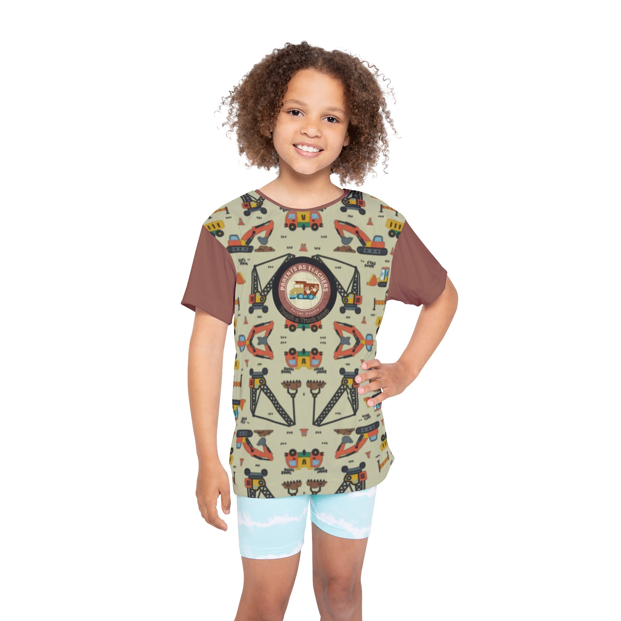 Kids Construction Trucks Jersey — Patterned All-Over-Print Tee for Little Builders