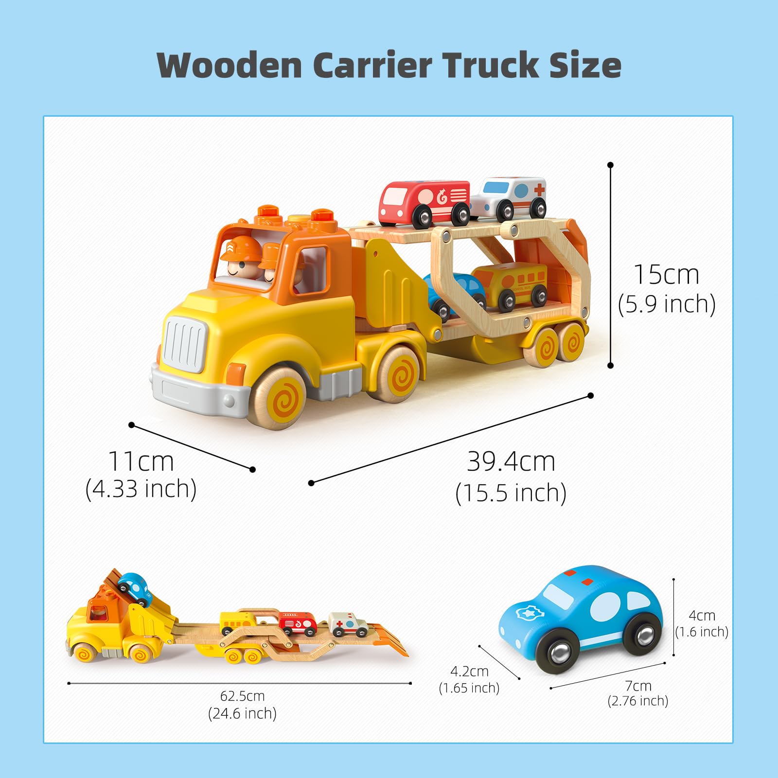 Toddler Toys for 2 3 4 5 Years Old Kids, Transport Car Carrier Truck Toy with 6 Wooden Vehicle, 30in Foldable Track Trailer with Light & Sound Effects, Best Gift Choice for Christmas, Birthday