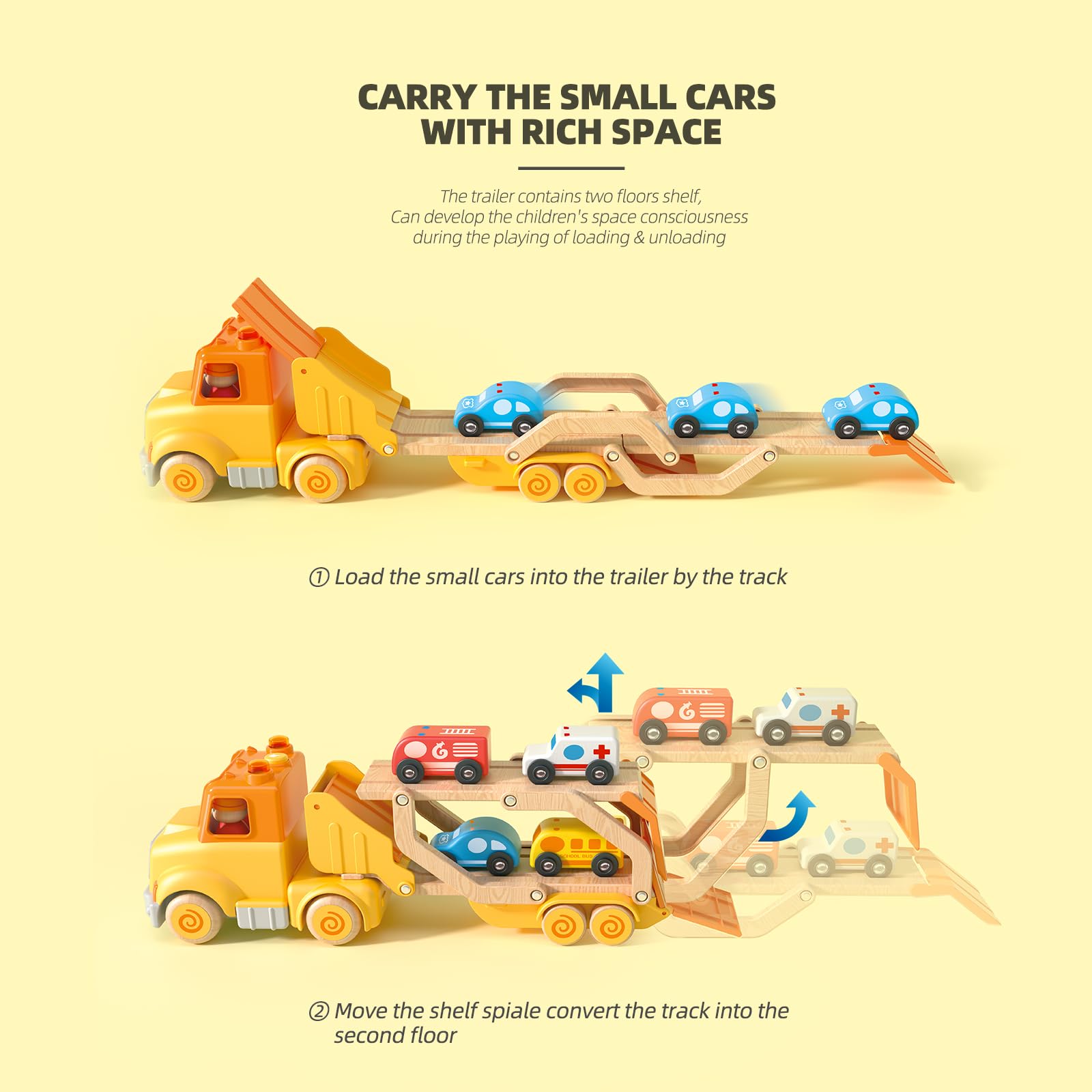Toddler Toys for 2 3 4 5 Years Old Kids, Transport Car Carrier Truck Toy with 6 Wooden Vehicle, 30in Foldable Track Trailer with Light & Sound Effects, Best Gift Choice for Christmas, Birthday