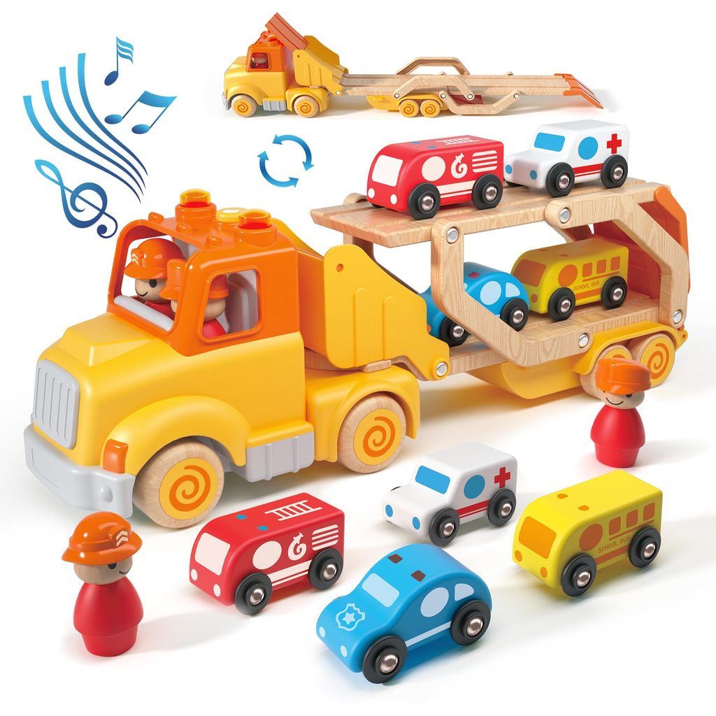 Toddler Toys for 2 3 4 5 Years Old Kids, Transport Car Carrier Truck Toy with 6 Wooden Vehicle, 30in Foldable Track Trailer with Light & Sound Effects, Best Gift Choice for Christmas, Birthday