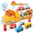 Toddler Toys for 2 3 4 5 Years Old Kids, Transport Car Carrier Truck Toy with 6 Wooden Vehicle, 30in Foldable Track Trailer with Light & Sound Effects, Best Gift Choice for Christmas, Birthday