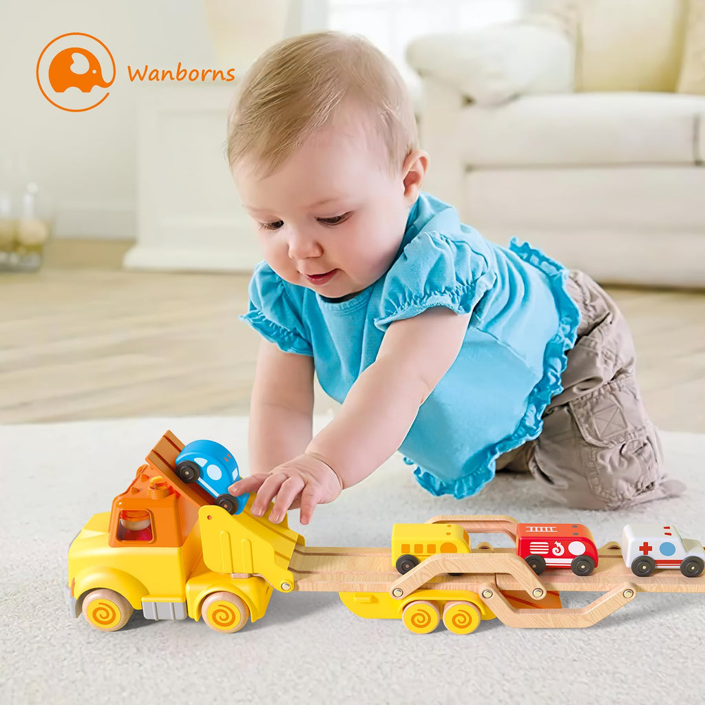 Toddler Toys for 2 3 4 5 Years Old Kids, Transport Car Carrier Truck Toy with 6 Wooden Vehicle, 30in Foldable Track Trailer with Light & Sound Effects, Best Gift Choice for Christmas, Birthday
