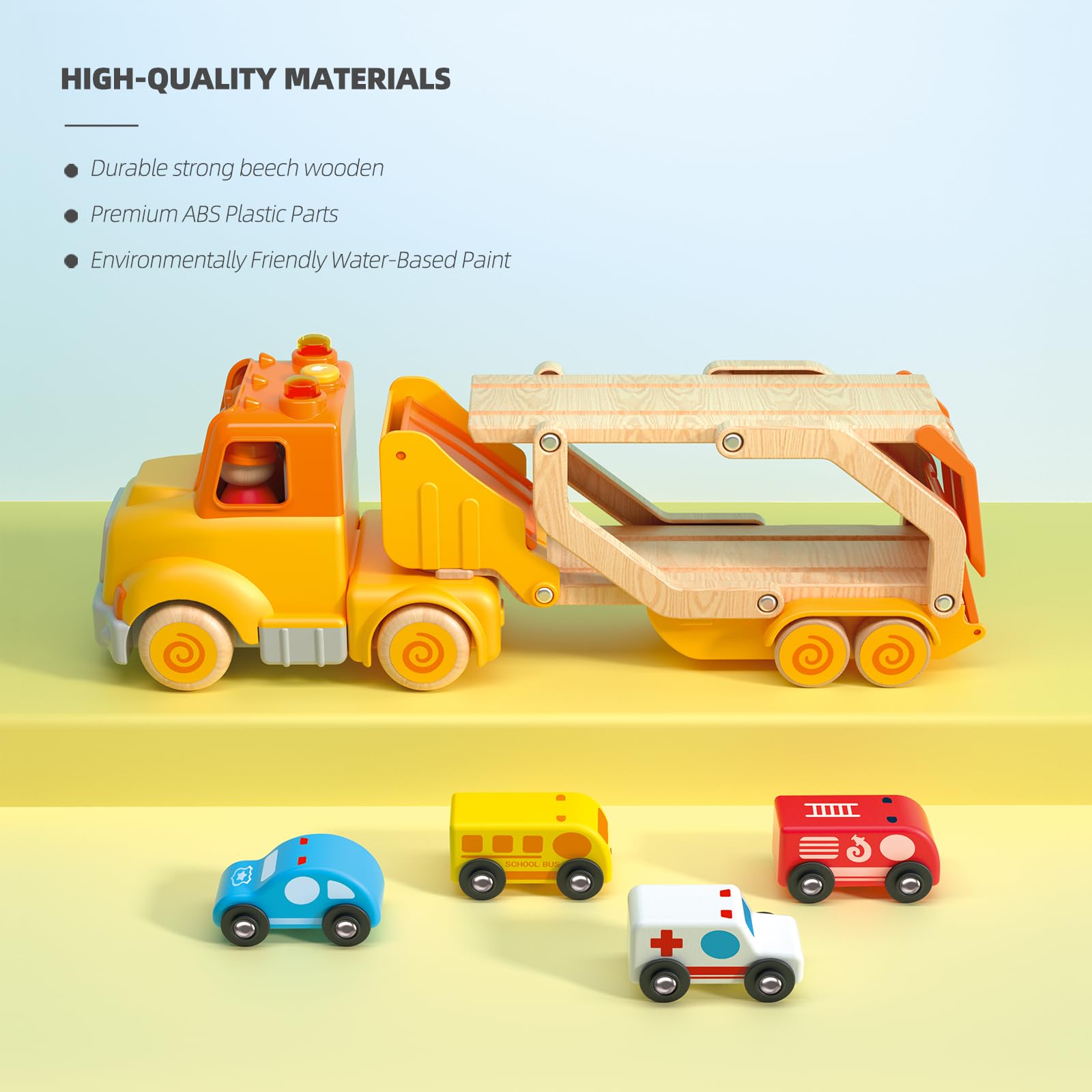 Toddler Toys for 2 3 4 5 Years Old Kids, Transport Car Carrier Truck Toy with 6 Wooden Vehicle, 30in Foldable Track Trailer with Light & Sound Effects, Best Gift Choice for Christmas, Birthday
