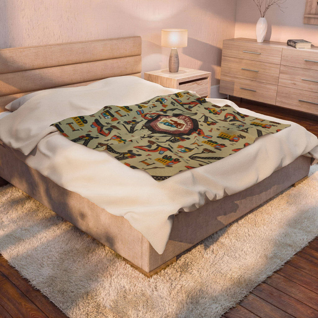 Construction Trucks Velveteen Plush Blanket — Cozy Kids Vehicle Print Throw
