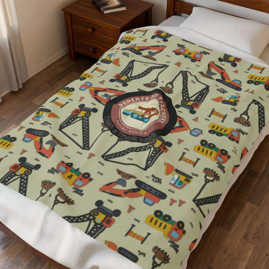 Construction Trucks Velveteen Plush Blanket — Cozy Kids Vehicle Print Throw