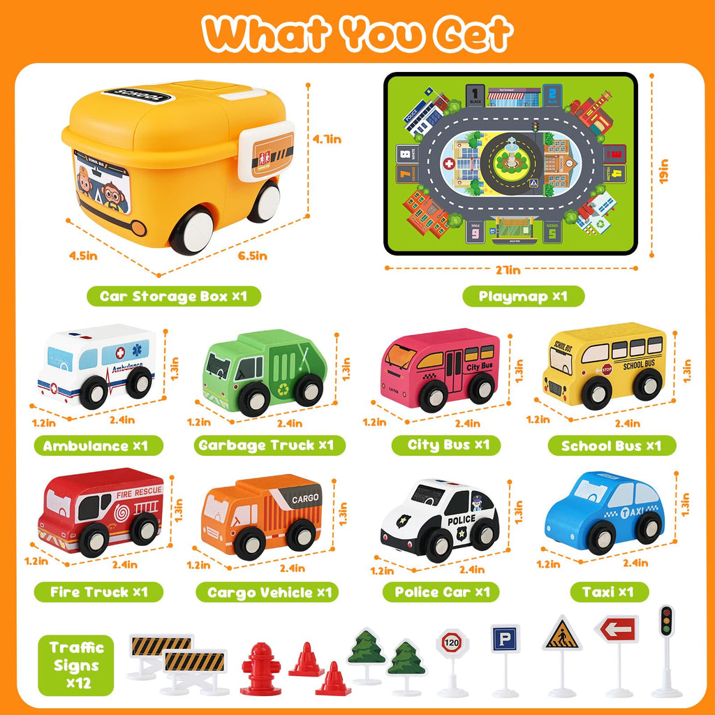 Toddler Car Toys, Toy Cars for Toddlers, Wooden Cars Toys for Toddler Boy, 22 PCS Cars and Trucks Toy Vehicles Set with Playmat, Storage Box, Wood Montessori Toys for Baby Birthday Gift